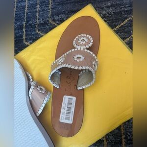 Jack Rogers Tan Leather Floral Thong Sandals with White Stitching